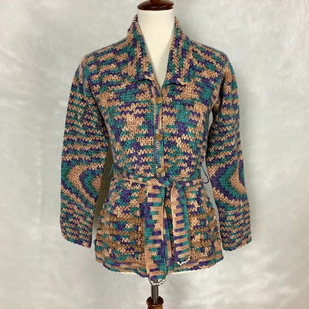 Vintage 70s Tan, Green Blue & Purple Belted Crochet Cardigan Sweater S